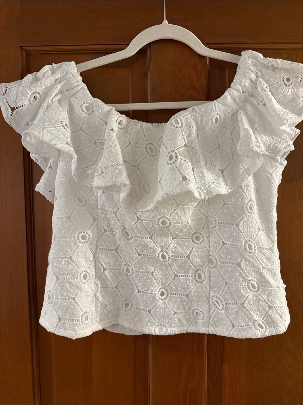 Esley White Eyelet Ruffle Off-Shoulder Blouse
